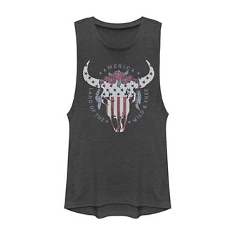 Juniors' "Land of The Wild & Free" Bull Skull Muscle Tank Top