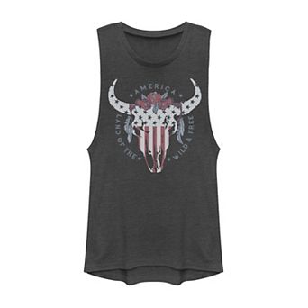 Juniors' "Land of The Wild & Free" Bull Skull Muscle Tank Top