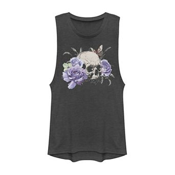 Juniors' Floral Skull & Butterfly Graphic Muscle Tank Top