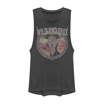 Juniors' "Wild And Free" Cow Skull Muscle Tank Top