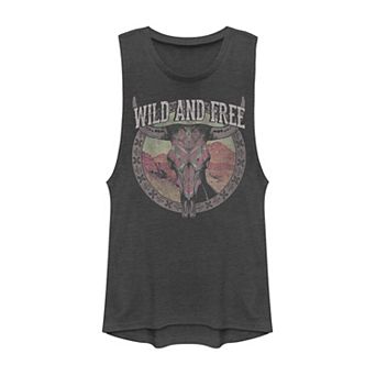 Juniors' "Wild And Free" Cow Skull Muscle Tank Top