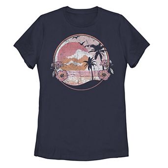 Juniors' Tropical Beach Sunset Theme Retro Distress Tee