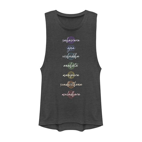 Juniors' The 7 Chakras Named Stacked Graphic Muscle Tee