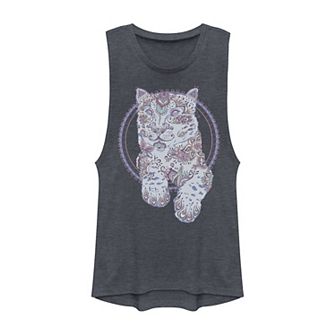 Juniors' Henna Snow Leopard Circle Portrait Graphic Muscle Tank Top