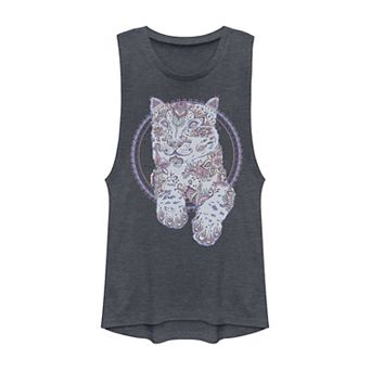 Juniors' Henna Snow Leopard Circle Portrait Graphic Muscle Tank Top