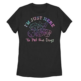 Juniors' Dog Apparel Just Here To Pet The Dogs Text Graphic Tee