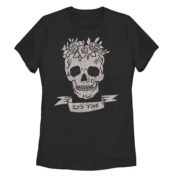 Juniors' Floral Headdress Skull It's Fine Banner Graphic Tee