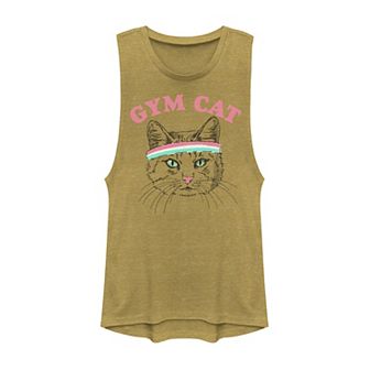 Juniors' Gym Cat Outline With Headband Graphic Muscle Tank Top