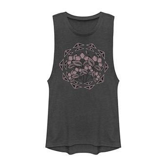 Juniors' Geometric Boho Frame Around Flowers Graphic Muscle Tank Top
