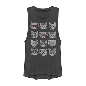 Juniors' Kitty Faces Grid Sunglasses Bows Tonal Graphic Muscle Tank Top