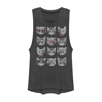 Juniors' Kitty Faces Grid Sunglasses Bows Tonal Graphic Muscle Tank Top