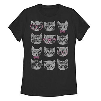 Juniors' Kitty Faces Grid Sunglasses Bows Tonal Graphic Tee