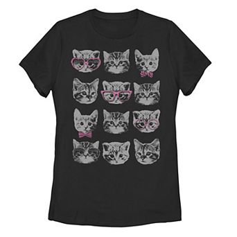 Juniors' Kitty Faces Grid Sunglasses Bows Tonal Graphic Tee