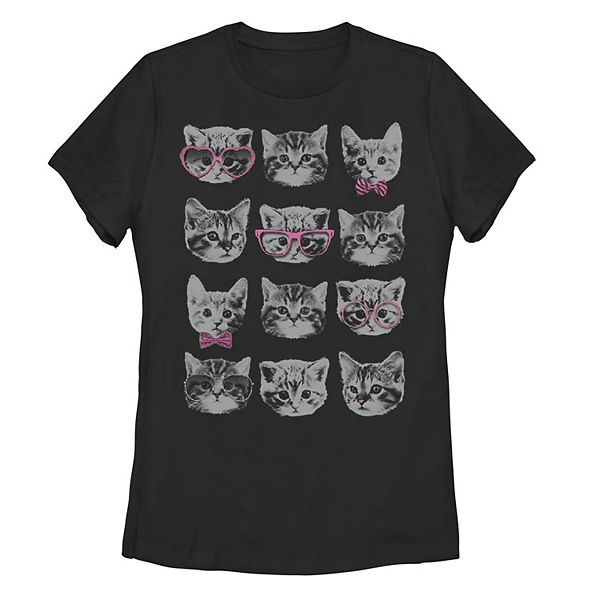 Juniors' Kitty Faces Grid Sunglasses Bows Tonal Graphic Tee