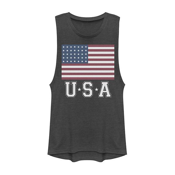 Juniors' Distressed American Flag USA Vintage Graphic Muscle Tank Top