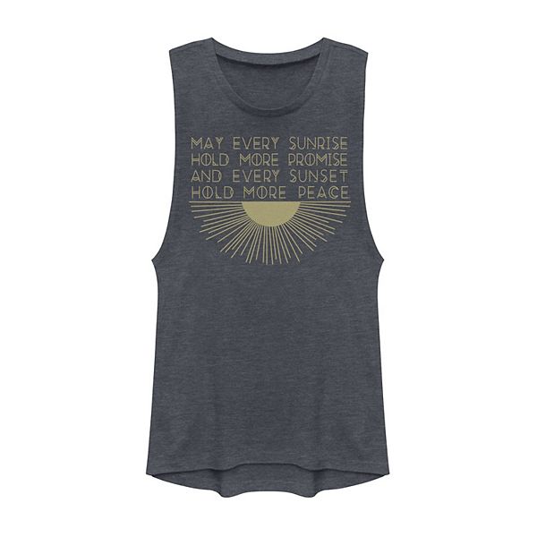 Juniors' May Every Sunrise Hold More Promise Gold Sun Graphic Muscle Tee
