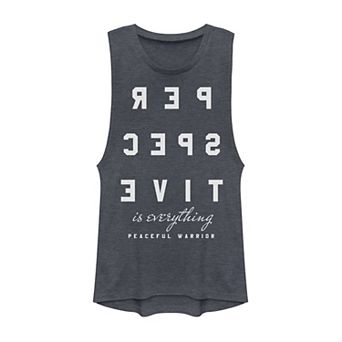 Juniors' Perspective Is Everything Peaceful Warrior Mirrored Text Graphic Muscle Tank Top