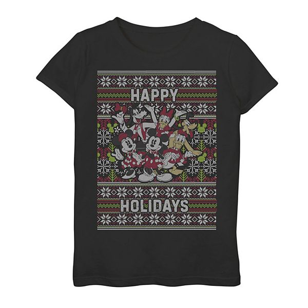 Girls 7 16 Disney Mickey Mouse Friends Happy Holidays Ugly Sweater Style Tee