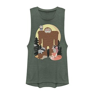 Juniors' Sasquatch With Woodland Creatures Graphic Muscle Tank Top