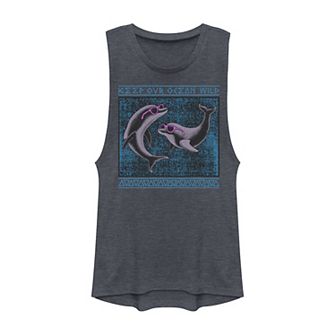 Juniors' Dolphins In Sunglasses Keep Our Oceans Wild Muscle Tank Top