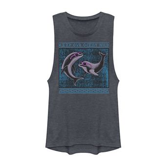 Juniors' Dolphins In Sunglasses Keep Our Oceans Wild Muscle Tank Top