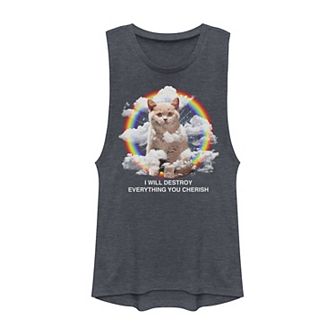 Juniors' Rainbow Cloud Cat Will Destroy Everything Muscle Tank Top