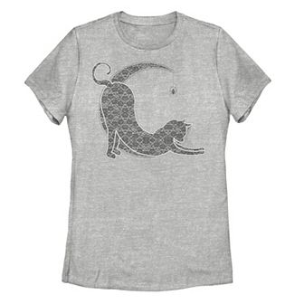 Juniors' Halloween Lacey Black Cat Crescent Moon Tee