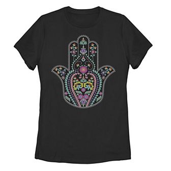 Juniors' Colorful Bohemian Hamsa Henna Tee