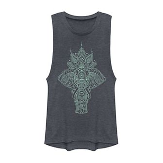 Juniors' Teal Henna Elephant Muscle Tank Top