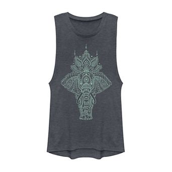 Juniors' Teal Henna Elephant Muscle Tank Top