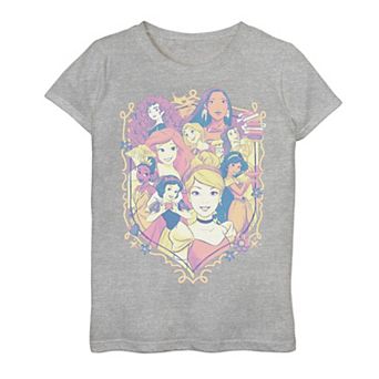 Disney Princess Merida, Pocahontas, Belle, Rapunzel, Ariel, Tiana, Snow White, Cinderella & Jasmine Pastel Group Shield Girls 7-16 Graphic Tee