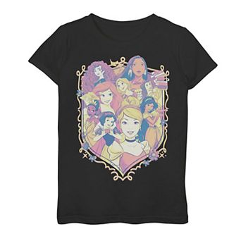 Disney Princess Merida, Pocahontas, Belle, Rapunzel, Ariel, Tiana, Snow White, Cinderella & Jasmine Pastel Group Shield Girls 7-16 Graphic Tee