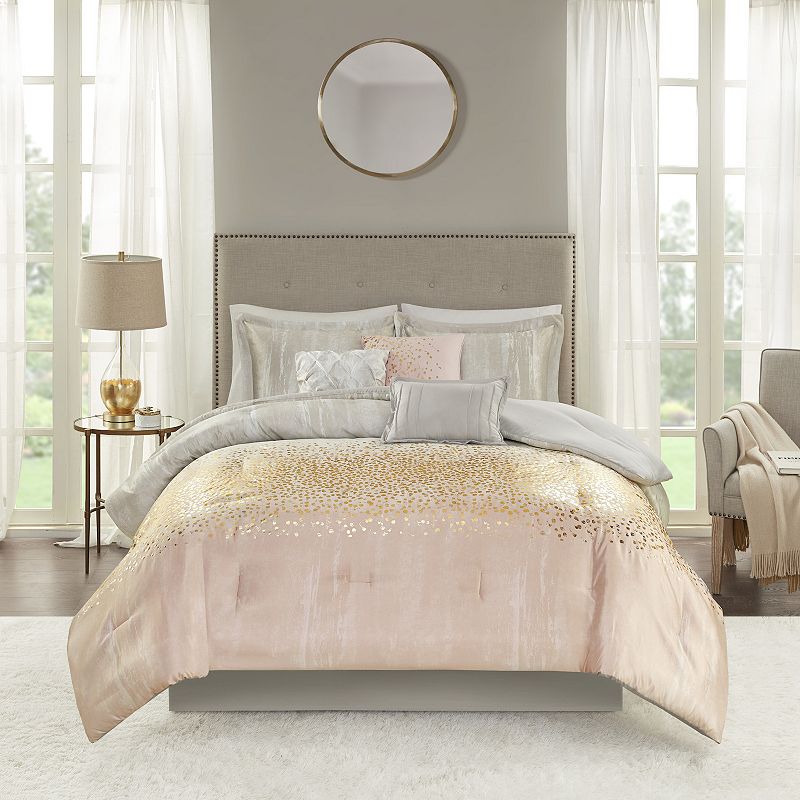 Madison Park Midnight Grove Metallic Print Comforter Set with Coordinating Throw Pillows, Pink, Cal King