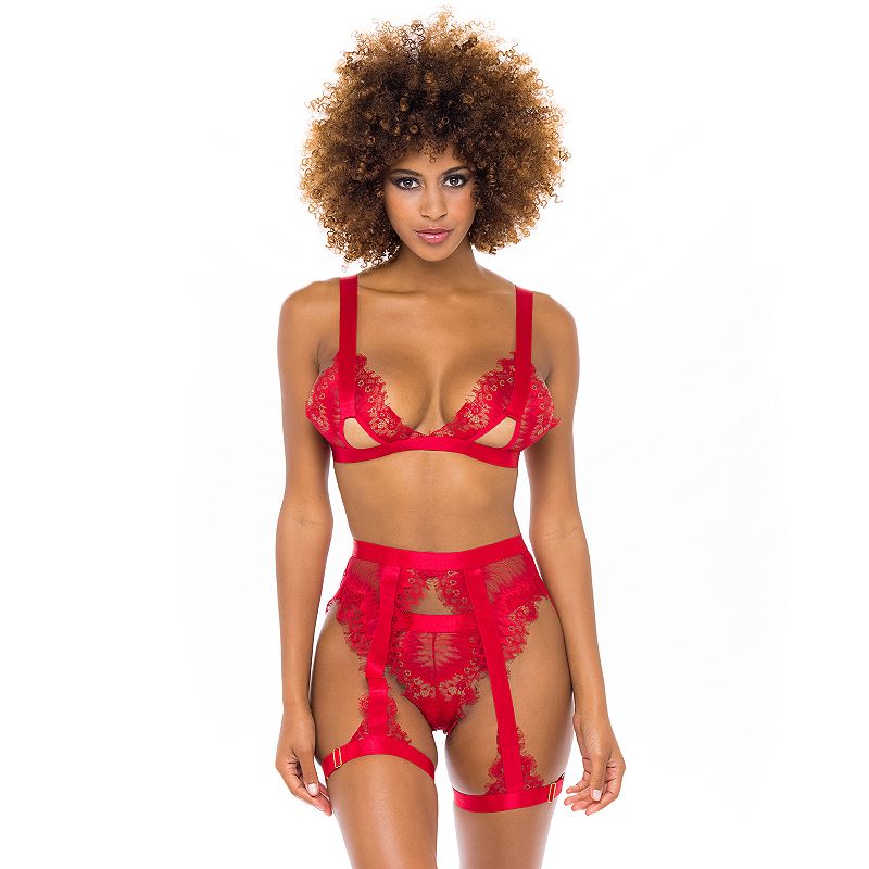 Oh La La Cheri Snakeskin Print Lace Bra, G-String & Garter Belt Set 41-11071, Women's, Size: Large-XL, Red