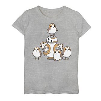 Girls 7-16 Star Wars Porgs Having Fun With BB-8 Portrait Tee