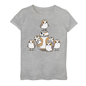 Girls 7-16 Star Wars Porgs Having Fun With BB-8 Portrait Tee