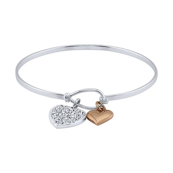 Brilliance Two-Tone Crystal Hearts Charm Bangle Bracelet