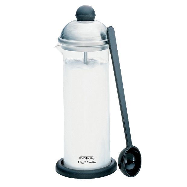 A glass milk frother for frothing hot milk for example for