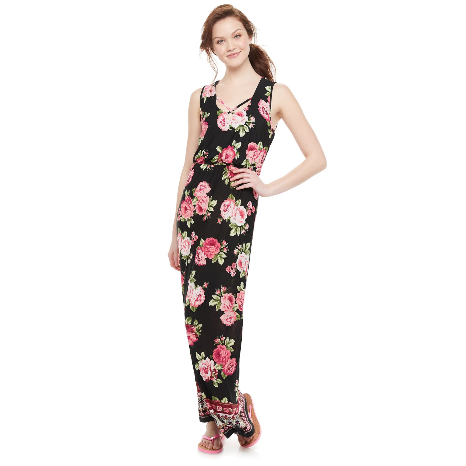 three pink hearts floral maxi dress