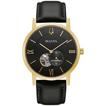 Bulova Men's 42mm Automatic Black Leather Watch - 97A154