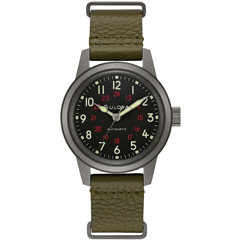 Bulova Men's Automatic Military Leather NATO Strap Watch - 98A255K, Size: Medium, Green