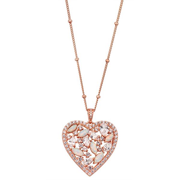 14K Rose Gold Plated Sterling Silver Created Pink Sapphire and Lab Grown Diamond Heart Pendant Necklace - Christmas Gift - Joy Jewelers