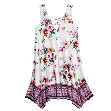 Juniors' Three Pink Hearts Cross Front Handkerchief Hem Cameo Dress