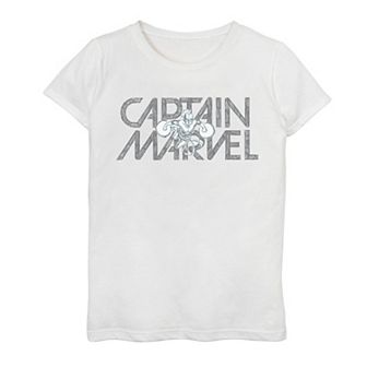 Girls 7-16 Marvel Captain Marvel Flying Sketch Block Text Poster Graphic Tee