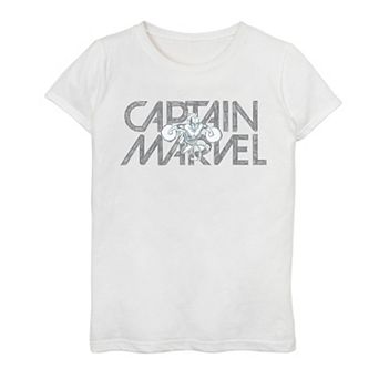 Girls 7-16 Marvel Captain Marvel Flying Sketch Block Text Poster Graphic Tee