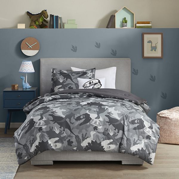 Mi Zone Kids Carter Printed Dino Camo, Grey Camouflage Bedding Set