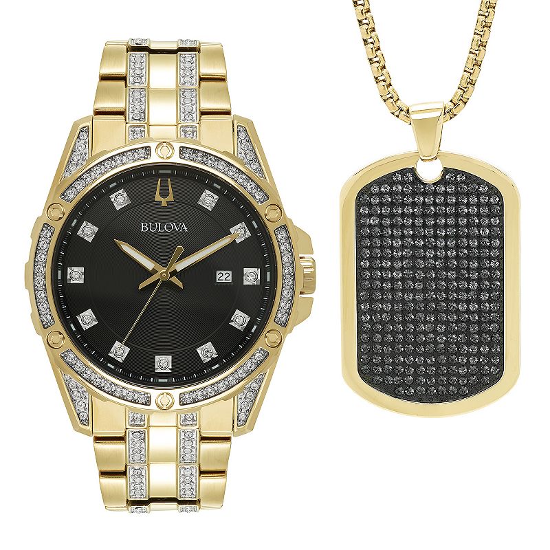 Bulova Men's Crystal Watch & Dog Tag Pendant Set - 98K107, Size: Large, Gold