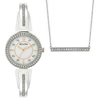 Bulova Women's Crystal Watch & Bar Link Necklace Set - 98X126
