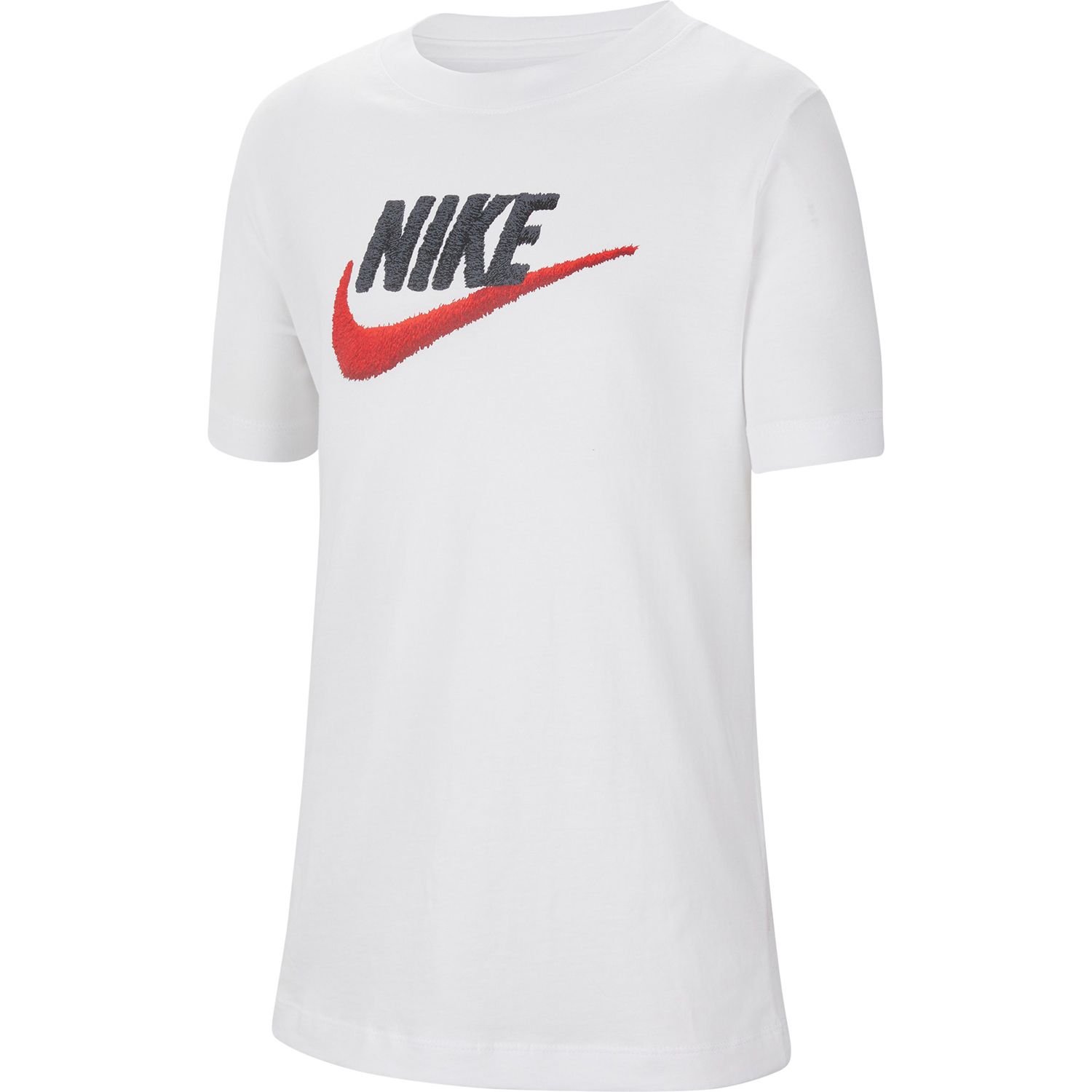 white nike shirt with red logo