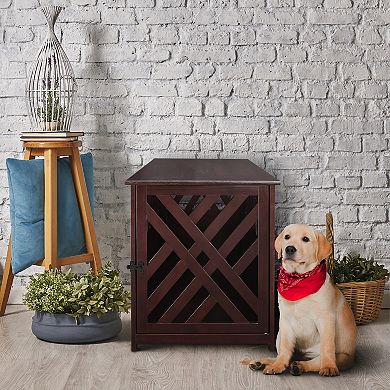 Casual Home Modern Lattice Wooden Pet Crate End Table 